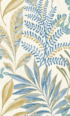 a blue and yellow wallpaper with leaves on it