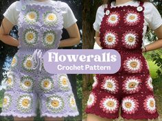 two crocheted shorts with flowers on them, one in red and the other in white