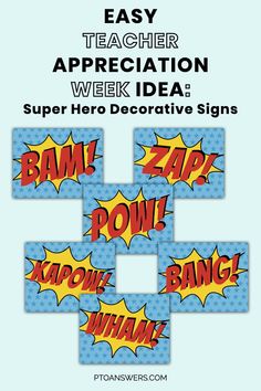 Make your next superhero event easy to decorate for with this set of printable superhero photo booth prop printable signs! An easy super hero idea to decorate for Teacher Appreciation Week or a Family Fun Event. Cut out and mount onto a wooden dowel for cute signs that'll make your party one to remember for ages! Superhero Classroom Door Decorations, Volunteer Appreciation Event, Pta Activities, School Dance Decorations, Superhero Teacher Appreciation, Teacher Appreciation Poster, Teacher Appreciation Week Themes, Superhero Signs, School Volunteer