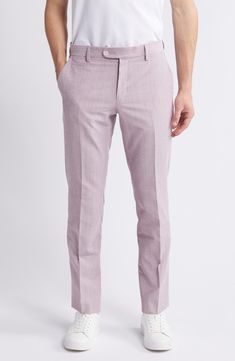 Smarten up your office ensembles with these polished pants made with classic creases. 31" inseam; 14 1/2" leg opening; 10 1/2" front rise; 16" back rise (size 34) Zip fly with button-tab closure Front slant pockets; welt coin pocket; back welt pockets Partially Lined 54% cotton, 40% virgin wool, 5% polyamide, 1% elastane Dry clean Made in Turkey Slim Fit Spring Work Pants, Semi-formal Stretch Bottoms For Spring, Spring Semi-formal Stretch Bottoms, Slim Fit Straight Dress Pants For Office, Slim Fit Office Pants For Spring, Slim Fit Spring Office Pants, Formal Red Bottoms With Welt Pockets, Slim Fit Pants For Spring Office Wear, Red Formal Bottoms With Welt Pockets