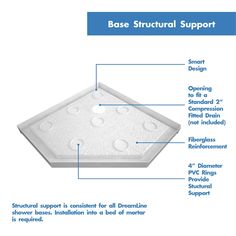 an overview of the base for a shower with measurements and instructions on how to use it