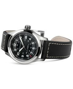 Rugged and edgy, the Khaki Field automatic watch from Hamilton is perfect for the outdoorsman. Style #H70455733 Outdoorsman Style, Hamilton Khaki Field Automatic, Hamilton Khaki Field, Hamilton Khaki, Leather Strap Watch, Automatic Watch, What To Wear, Leather Straps, Black Leather