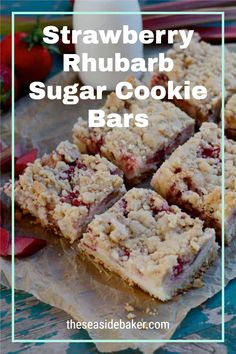 strawberry rhubarb sugar cookie bars with text overlay