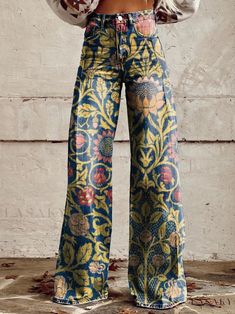 Lasaky - Casual Lightweight Wide Leg Pants with Denim-Inspired Design Moda Denim, Floral Trousers, Casual Wide Leg Pants, Vintage Floral Print, Pantalon Large, Vintage Pants, Women Pants Casual, Look Plus, Wide Leg Denim