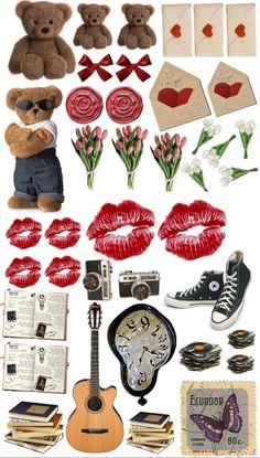 an assortment of items that include a teddy bear, books, flowers and other things