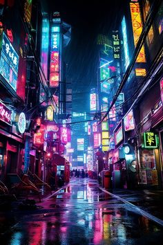 a city street at night with neon signs on the buildings and people walking in the rain