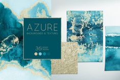 three blue and gold abstract paintings on a white wall with the title azure background's & textures