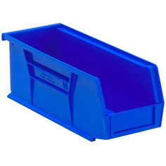 a blue plastic bin with two dividers on the bottom and one section open to reveal a label