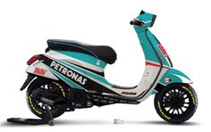 the motor scooter is painted in teal and white