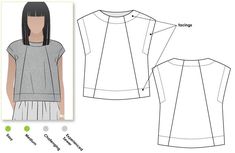 the front and back view of a woman's top with pleaed sleeves, as well as an image of her measurements