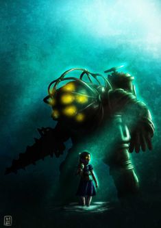 a girl standing in front of a giant monster with glowing eyes and arms, under water