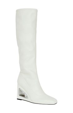 A cutout detail highlights the wedge heel of this fashion-forward take on a classic knee-high boot. 3 1/4" heel 15 1/4" shaft; 13" calf circumference. Narrow calf Inset side-zip closure Memory foam cushioning Synthetic upper, lining and sole Imported Knee-high Platform Boots With Sculpted Heel, Chic Platform Knee-high Boots, Spring Knee-high Synthetic Heeled Boots, Synthetic Knee-high Heeled Boots For Spring, Modern Knee-high Heeled Boots For Spring, Spring Synthetic Knee-high Heeled Boots, Spring Season Synthetic Knee-high Heeled Boots, Formal Synthetic Knee-high Boots, Spring Knee-high Synthetic Boots Medium Width