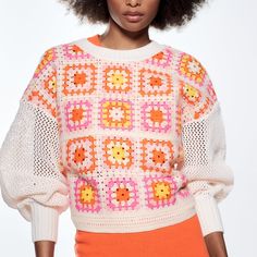 Genuine Zara New With Tag Material: Color: Ecru, Orange, Pink & Yellow Lovely Crochet Details In Comfortable Sweatshirt Style Love Wide Mesh Sleeves. Looks Great With Jeans Or Mini Skirt Pink Spring Knit Top, Pink Crew Neck Sweater For Summer, White Zara Sweater For Summer, Spring Multicolor Zara Sweater, Zara Multicolor Spring Sweater, Zara Multicolor Sweater For Spring, Spring Cream Sweater By Zara, Trendy Cream Zara Sweater, Trendy Zara Cream Sweater