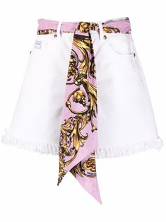 white cotton scarf detailing logo patch to the front frayed hem tied waist belt loops front button and zip fastening classic five pockets Versace Clothes Women, Versace Outfit Women, Versace Clothes, Versace Pants, Versace Shorts, Preformance Outfits, Detailing Logo, Versace Fashion, Versace Dress