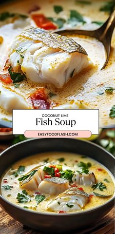 fish soup in a bowl with a spoon on the side, and another photo of it