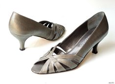 Prevata Really great 'Vaness' shoes done in pewter lizard leather with cut-outs details. * Open toe * Padded leather insole * Leather sole * 2.75 inches heel Brand new in original box. Made in Italy. 100% authentic. Retail $340. Very pretty! Gray Heels For Summer Evenings, Gray Open Toe Heels For Evening, Open Toe, Kitten Heels, Shoes Heels, Brand New, Heels, Leather