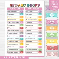 reward cards with the words reward bucks and how to spend them on each one side