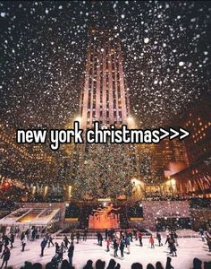 people skating on an ice rink in front of a christmas tree with the words new york christmas