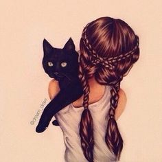 a drawing of a girl holding a black cat