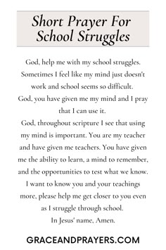 a poem with the words short prayer for school struggles written in black and white