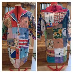 two pictures of an open jacket made out of patchwork fabric