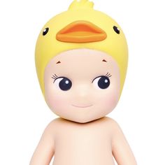 a baby doll with a rubber ducky hat on it's head and blue eyes