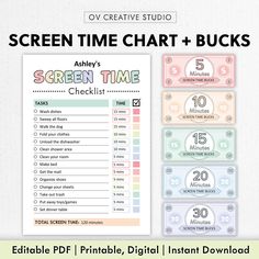 the screen time chart and checklist is displayed in front of a white background with text