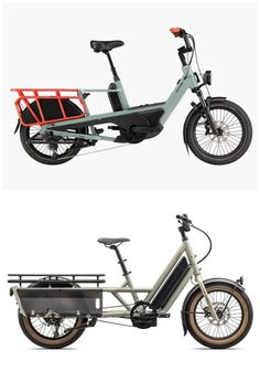 two different types of bikes with baskets on the front and back, side by side