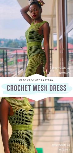 a woman wearing a crochet mesh dress with the words free crochet pattern