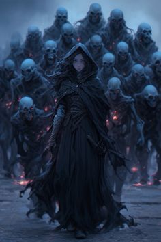 a woman in a hooded cloak surrounded by skulls