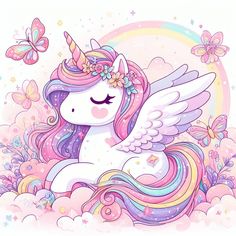 a cute unicorn with wings and flowers in the clouds