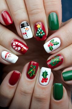 Cute Christmas character nails are a festive and playful way to celebrate the holiday season. Featuring designs like Santa, reindeer, snowmen, and elves, these nail art creations add charm and holiday cheer to your look. Perfect for all ages, they combine bright colors, glitter, and adorable details to create a fun and whimsical manicure that captures the magic of Christmas.#nail_tutorials
#nail_decoration
#nail_art_gallery
#nail_trend
#nails_trends
#nail_styles
#nails_design_acrylic
#nails_gel
#nails_simple
#nails_acrylic_designs Santa Suit Nails, Christmas Ornament Nail Designs, Character Christmas Nails, Christmas Nail Designs For Kids, Kids Christmas Nail Designs, Santa Nails Design, Snowman Nails Design, Christmas Character Nails, Character Nail Designs