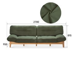 a green couch with measurements for the seat and back, in front of a white background