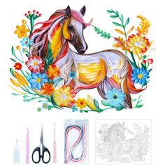 an image of a horse with flowers and scissors in front of the cut out paper