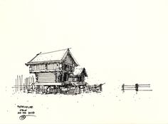 a black and white drawing of a house in the snow with a fence around it