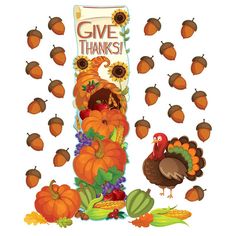 a thanksgiving card with turkeys, acorns and cornucts on it