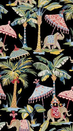 an elephant and palm trees with umbrellas in the sky on a black background fabric