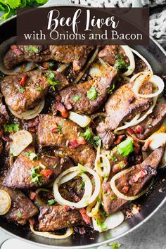 beef livers with onions and bacon in a skillet