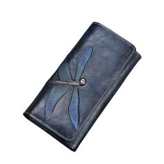 : An art-inspired signature organizer wallet. It will bring flair and style you can flaunt while providing you with a luxury feel organizer for your cards, coins, and receipts. This wallet is hand-painted to create a piece of art inspired by nature and vintage themes. This timeless masterpiece features a vibrant rose with a fluttering butterfly painted. Made from 100% cowhide full-grain leather which is both luxurious and long-lasting. It is tough and durable and will withstand the affliction of Vintage Blue Wallets For Everyday Use, Blue Vintage Wallets For Everyday Use, Vintage Blue Rectangular Wallets, Vintage Blue Rectangular Wallet, Vintage Blue Wallets For Gifts, Wallets Women, Bucket Handbags, Handmade Leather Wallet, Vintage Theme