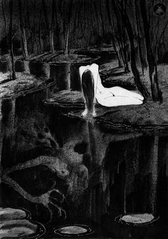 a black and white drawing of a body of water in the middle of a forest