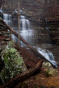 a large waterfall in the middle of a forest filled with lots of trees and rocks