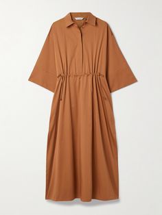 Max Mara's 'Eulalia' midi dress is fitted with bead-tipped drawstrings that create texture and define your shape. It's cut from cotton-blend sateen for a loose fit enhanced by wide sleeves and deep side splits. The partially concealed placket keeps it streamlined. Daywear Midi Dress With Drawstring, Midi Length Dress With Drawstring For Daywear, Elegant Midi Dress With Drawstring, Chic Midi-length Dress With Drawstring, Viscose Midi Dress With Gathered Waist, Sport Swimwear, Sports Skirts, Side Splits, Guilty Pleasures