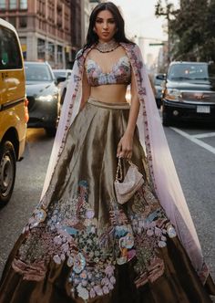 Our 'Divergence' copper and gold tissue appliquéd and embellished lehenga with blouse and tulle dupatta. Aisha Rao, Mohit Kumar, Embellished Lehenga, Copper Fabric, Gold Lehenga, Cutwork Blouse, Floral Lehenga, Desi Aesthetic, Embellished Gown