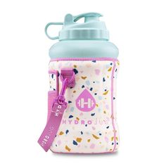 a pink and blue water bottle with a purple strap