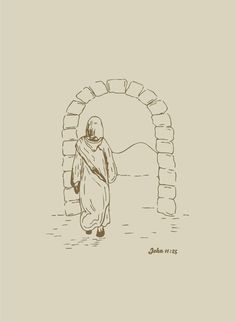 a drawing of a person walking through an archway