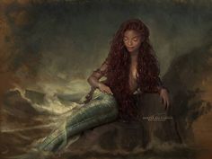 a painting of a mermaid sitting on top of a rock