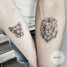 two people with tattoos on their arms and one has a lion tattoo on the arm