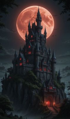 the castle is lit up at night with red lights on it's windows and in front of a full moon