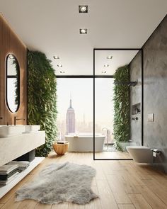 a bathroom with a tub, sink and large window looking out onto a cityscape