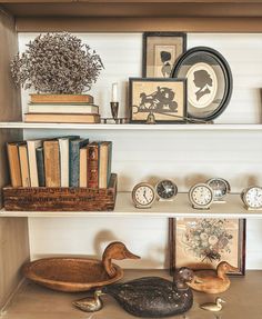 there are many books and clocks on the shelves in this room, including two duck figurines